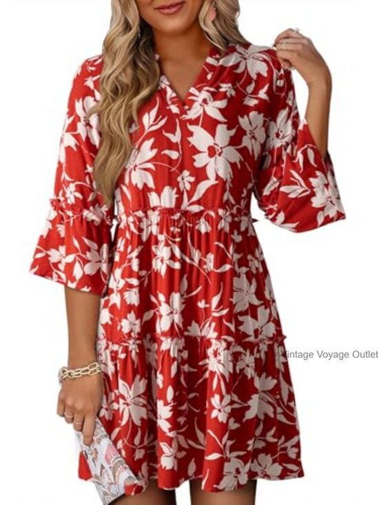 Dresses & Skirts - Women's Casual V-Neck Babydoll Dress 3/4 Bell Sleeve Beach Vacation Mini Dress